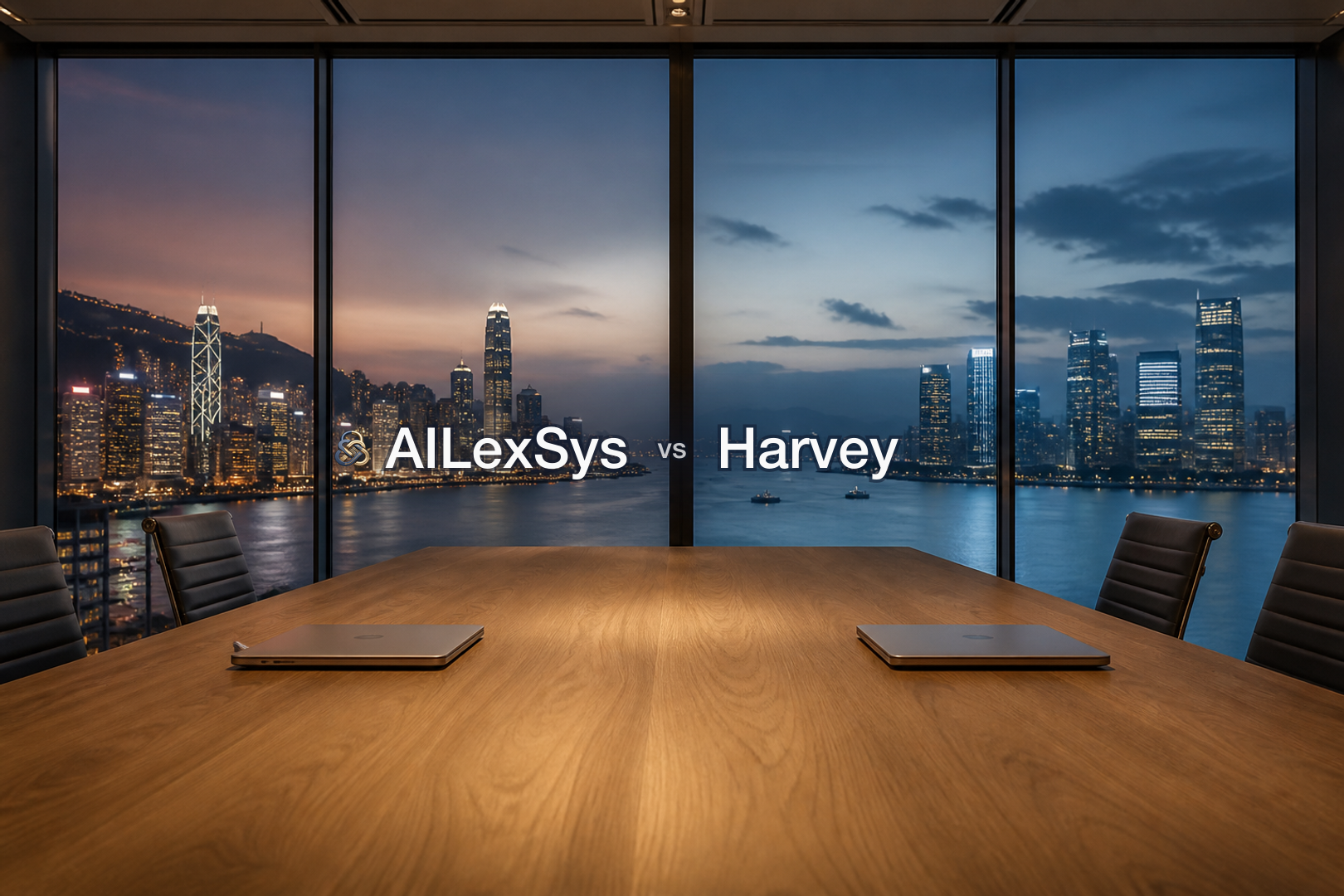 黃昏會議室俯瞰香港海港及國際天際線，並顯示 AILexSys 與 Harvey 字標