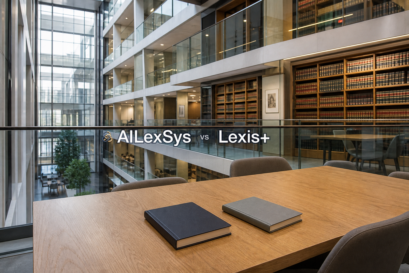 現代玻璃中庭研究樓層，並顯示 AILexSys 與 Lexis+ 字標